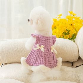 Warm and thickened dog clothes in autumn and winter; bow sweater skirt; dog sweater (Colour: Purple skirt, size: XS (recommended weight 0.5-2 kg))